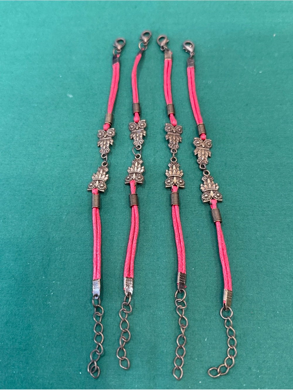 Four Matching Red Cord Bracelets W/VTG Style Bronze Owl Charms 1C